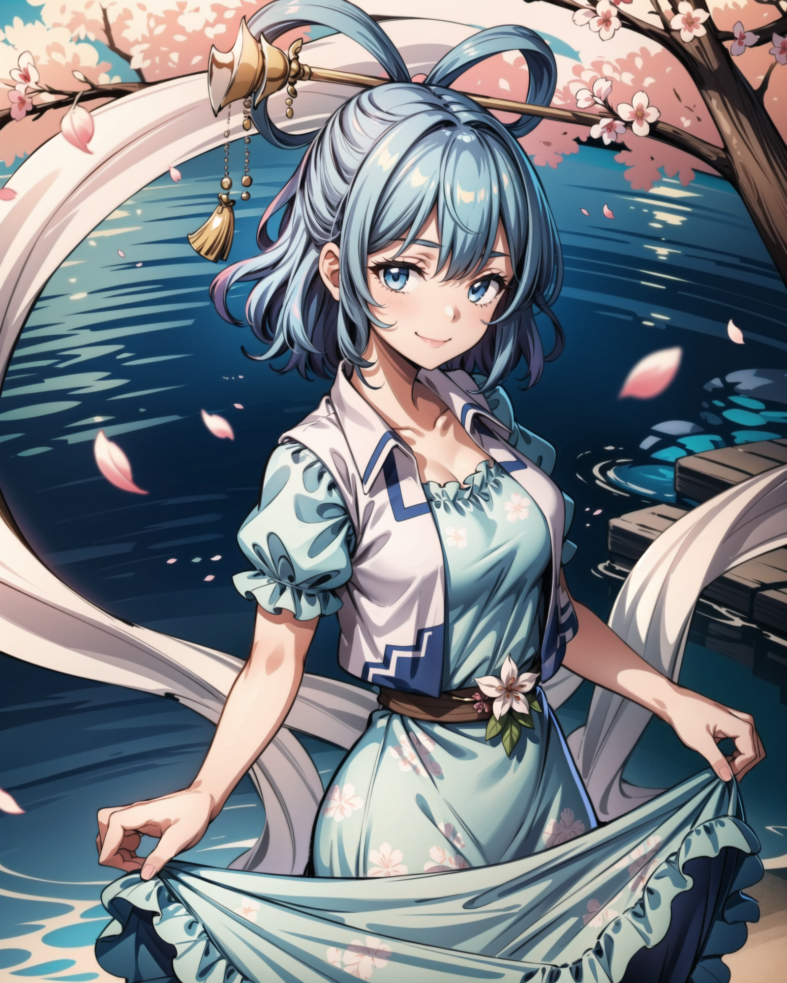 00301-2284989692-, 1girl, kaku seiga, solo, (blue hair_1.2), hair ornament, blue eyes, (shawl_1.2), dress, hair stick, flower, smile, hair rings,.png